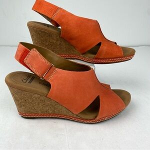Clarks Collection Womens 6 Helio Float Tangerine Orange Nubuck Wedge Heels